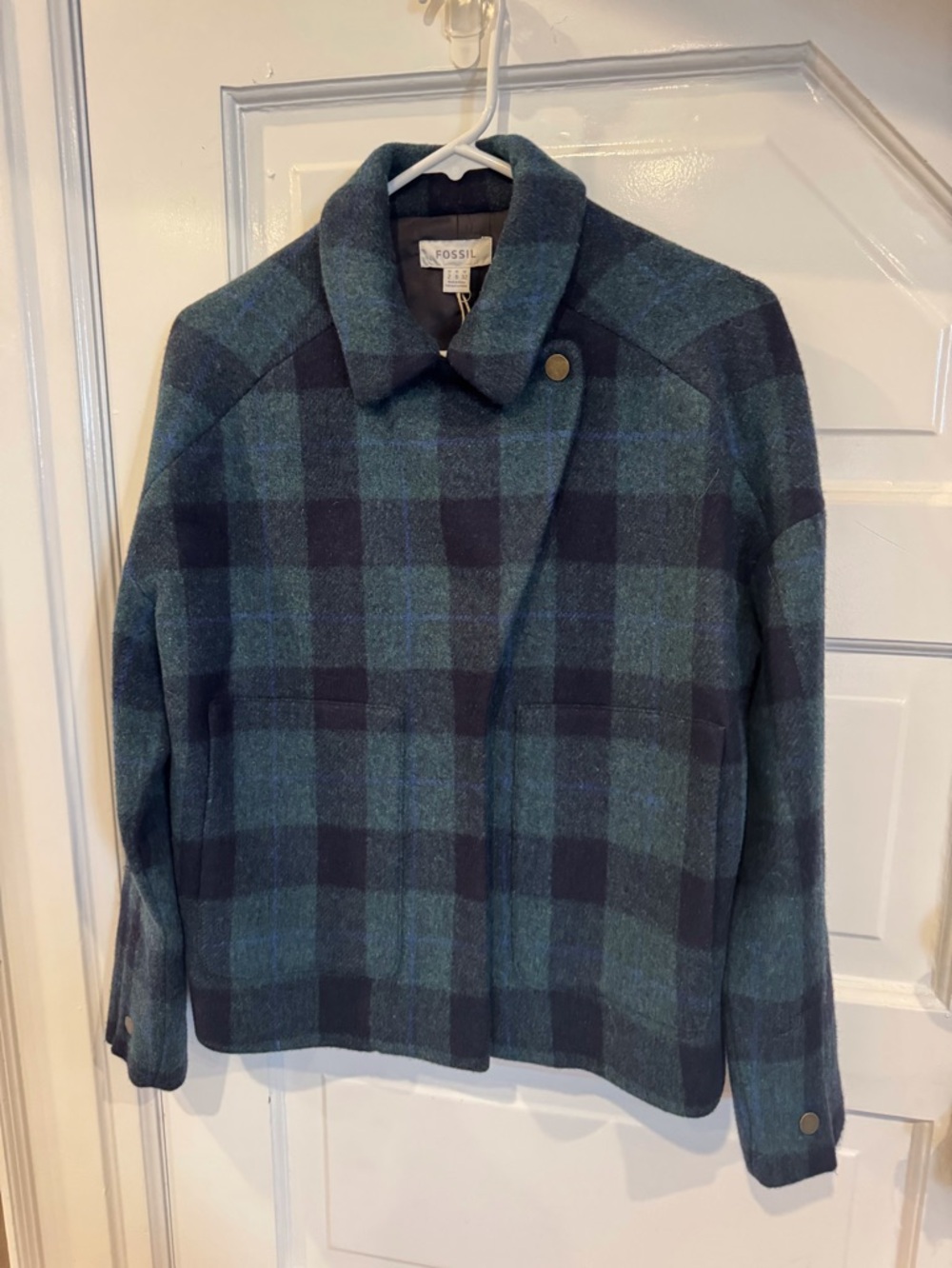 Fossil Teal and Navy Plaid Wool-Blend Coat